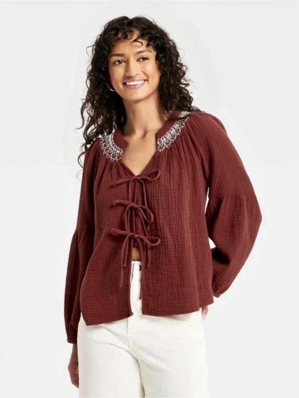Universal Thread Raglan Long Sleeve Tie-Front Blouse in Maroon Size Large NWOT